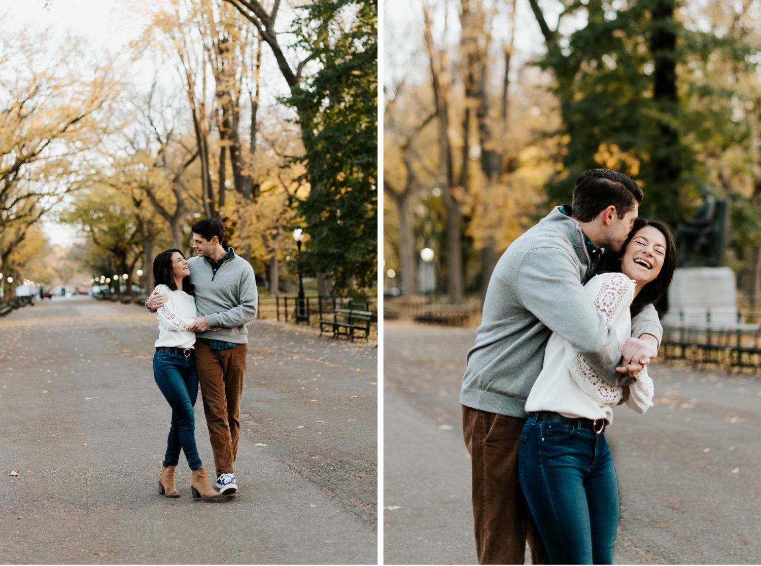 engaged couple walks along the mall at literary walk and embraces at central park in nyc