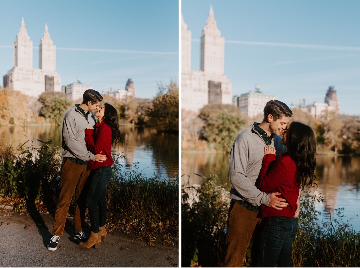 engaged couple kisses in front of nyc skyline at central park during their engagement photoshoot