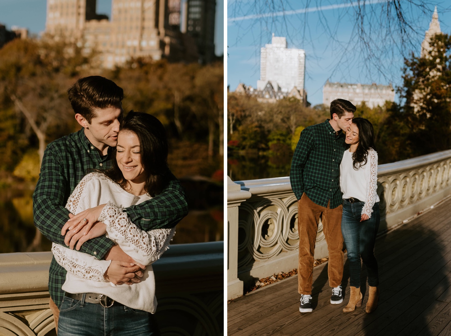 engaged couple hugs and walks on bow bridge in front of nyc skyline at central park during their engagement photoshoot