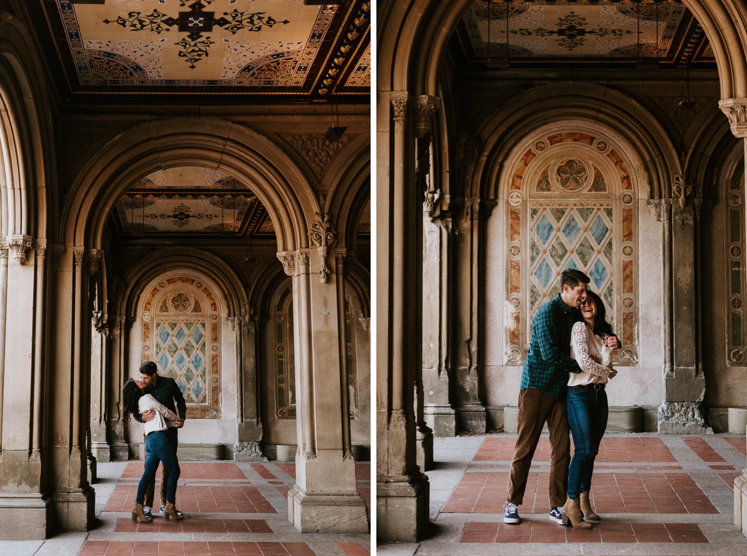 engaged couple dancing in bethesda terrace in nyc central park