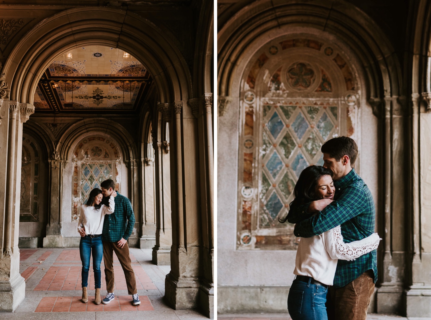 engaged couple in bethesda terrace in central park in nyc