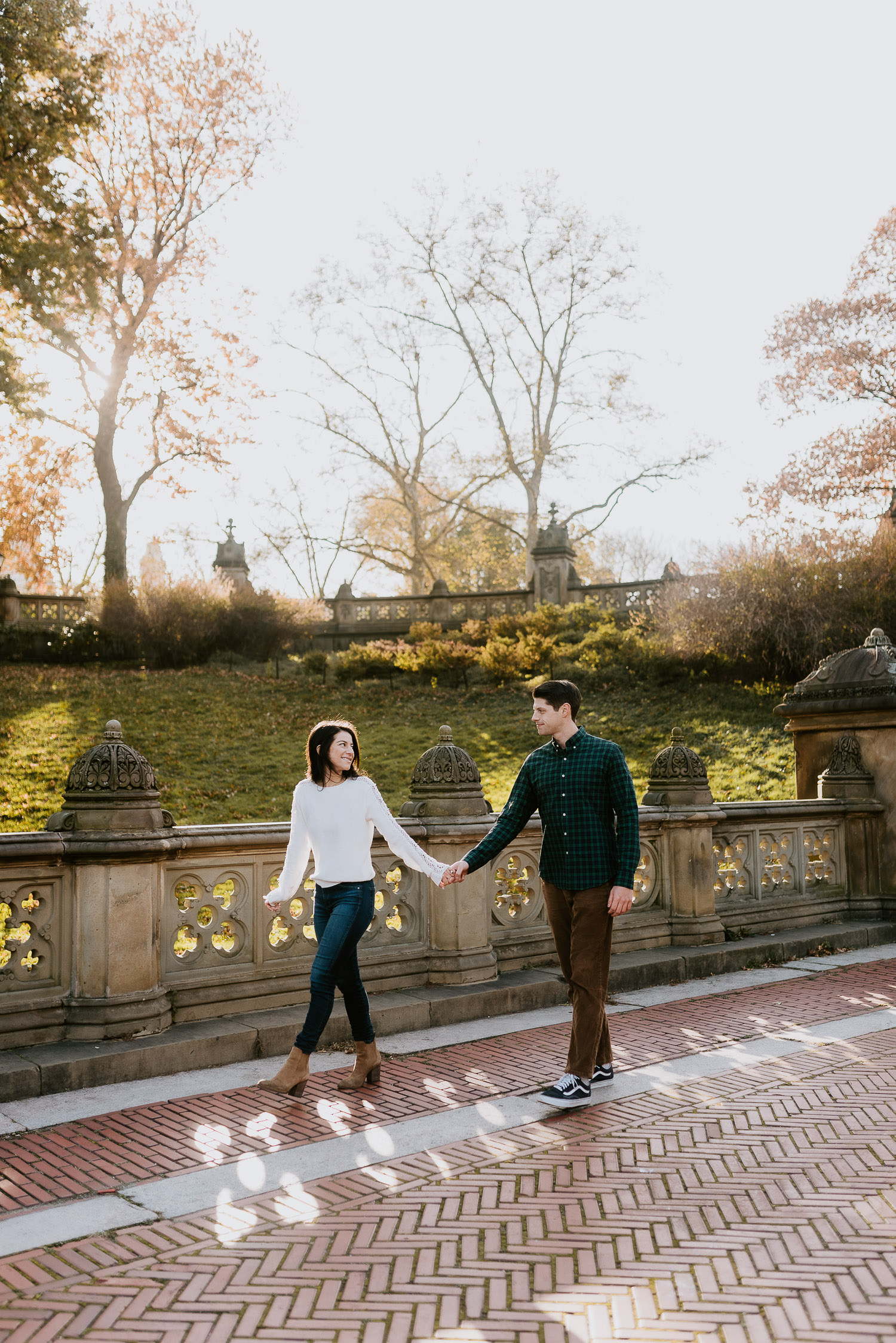 engaged couple at sunrise in nyc central park